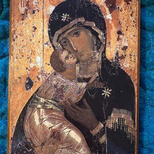 Icon of the Mother with Jessus Painted on Wood 8"x5.5"